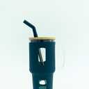 Glass Tumbler with Silicone Sleeve and Bamboo Lid, 32 oz, with Straw (Dark Blue)