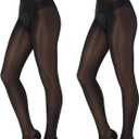 2 Pairs Shiny Sheer Tights Open Crotch Pantyhose for Women 15D Ultra Oil Shimmer Stockings with Control Top (Large-X-Large, Black)