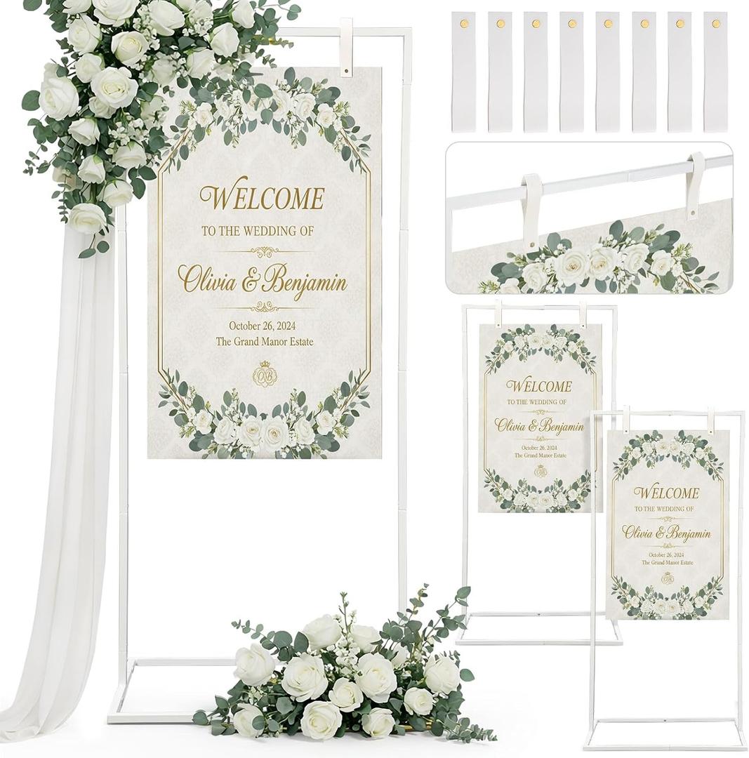 Blulu 3 Pack Wedding Sign Holder, Adjustable Sign Stand, 50-68 in,White | 8 Leather Straps, Metal Frame Support, Hanging Sign Holder,Ideal for Welcome Seating Chart, Ceremony, Reception,Shower, Party