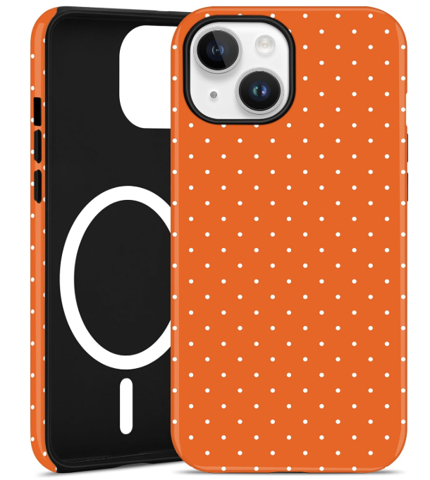 Jusy Compatible with MagSafe Polka Dot Case for iPhone 15, Cute Aesthetic Polka Dots Magnetic Phone Case, Soft TPU and Hard PC Protective Phone Cover for Women Girls（Matte）  Orange