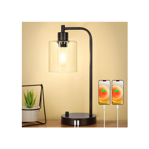 Industrial Table Lamp with 2 USB Charging Ports, Fully Stepless Dimmable Modern Nightstand Lamp, Glass Shade Bedside Desk Lamp for Bedroom Living Room Office, 6W 2700K LED Edison Bulb Included