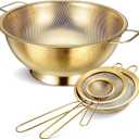 Norme 3 Quart Stainless Steel Gold Colander Gold Fine Mesh Strainer, Stainless Steel Pasta Rice Food Metal Strainer with Handles, Easy Clean and Dishwasher Safe