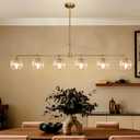 Gold Linear Chandelier 6 Lights Mid Century Modern Dining Room Chandelier Kitchen Island Pendant Light with Seeded Glass Shades for Island, Farmhouse, Dining Area, Dia 51.58 Inch