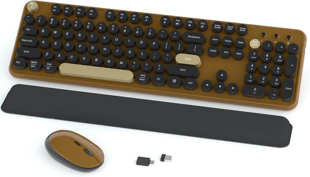 Links9+ Wireless Keyboard and Mouse Combos, Retro Keyboard and Mouse Wireless Full Size, 2.4Ghz Connection and Optical Mouse for Windows, Mac, PC, Laptop for Home and Office (Coffee-Black)