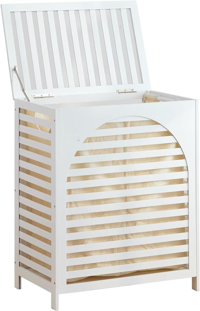 Laundry Hamper with Lid, Bamboo Clothes Laundry Basket with Handles, Removable 2-Section Liner bag, Hampers for Bedroom Aesthetic, Large Storage for Bath Towel, Sheets or Toys, Home (White)
