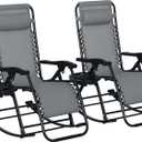 Outsunny Set of 2 Outdoor Rocking Chairs, Foldable Reclining Zero Gravity Lounge Rocker with Pillow, Cup & Phone Holder, Combo Design with Folding Legs, Gray (Grey)