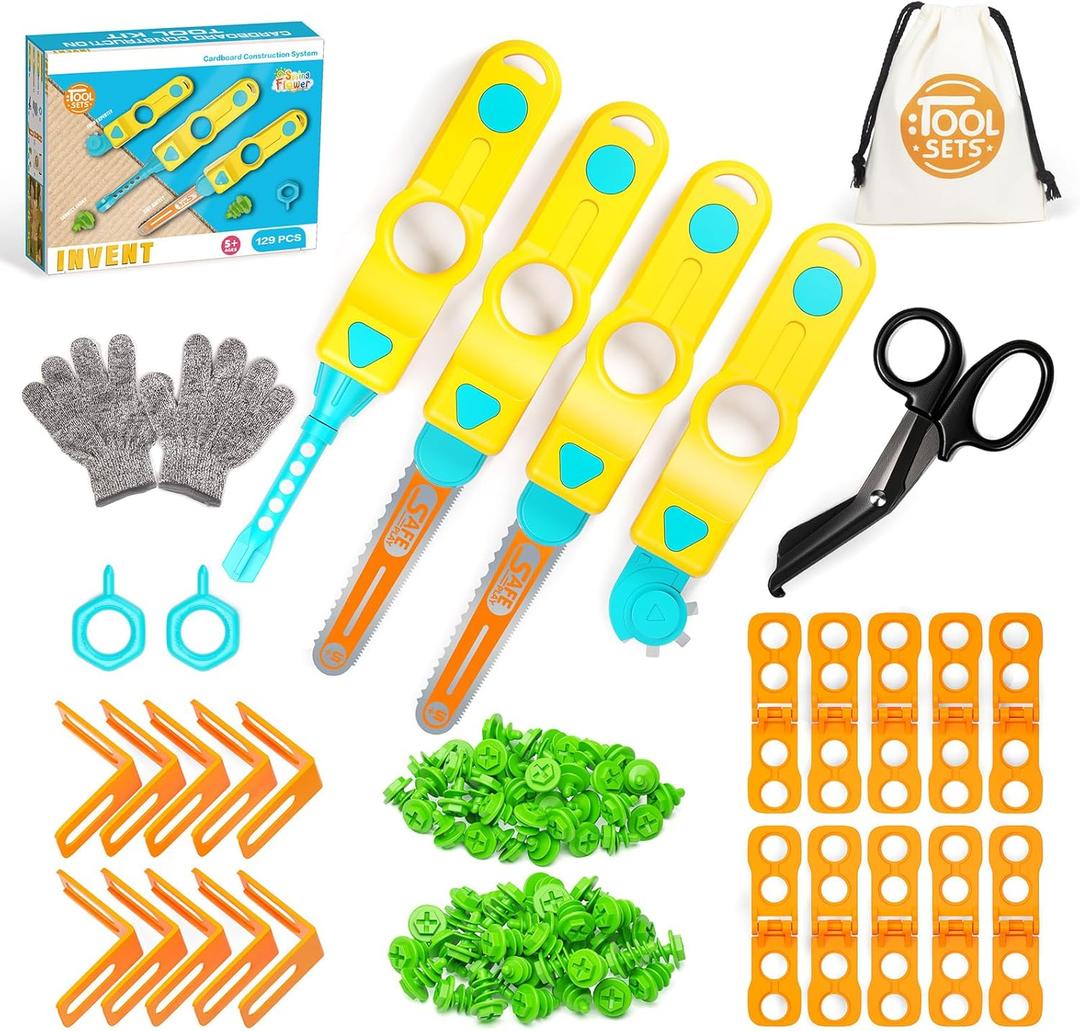SpringFlower Cardboard Cutter for Kids, 129 PCS Cardboard Tools for Kids, STEM Educational Construction Kit Toys for Boys Girls, DIY Safe Cutting Creative Craft Kit, Gift Birthday for Boys Girls