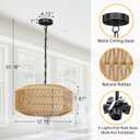 Farmhouse Chandelier Light Fixture, 5-Light Boho Rattan Chandelier with Fabirc Shade, Handwoven Farmhouse Hanging Light Fixture for Dining Room, Natural Original Color, 16''