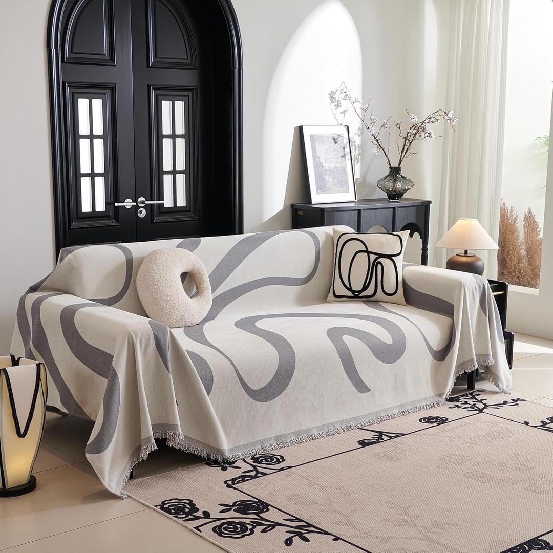 MYSKY HOME Boho Couch Cover Super Soft Couch Covers for 2-3 Cushion Couch Sofa, Modern Grey Jacquard Sofa Slipcover Loveseat Futon Cover, Couch Covers for Sectional Sofa, 71" x 134", Grey Curve