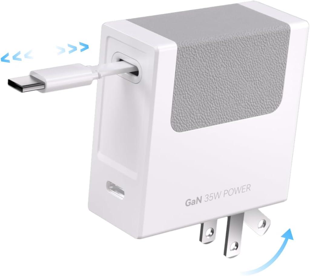 Gitryin Retractable Wall Charger Block, 35W PD Fast USB Charger with Retractable Type-C Cables for iPhone 16 15, Galaxy S23 22,Pixel, Portable Power Adapter with Foldable Plug for Home Travel (White)
