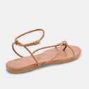 Riekhany Strappy Flat Sandals for Women Summer Round Toe Metal Bead Flip Flop Sildes with Ankle Buckle Strap Beach Flats Shoes (Brown)