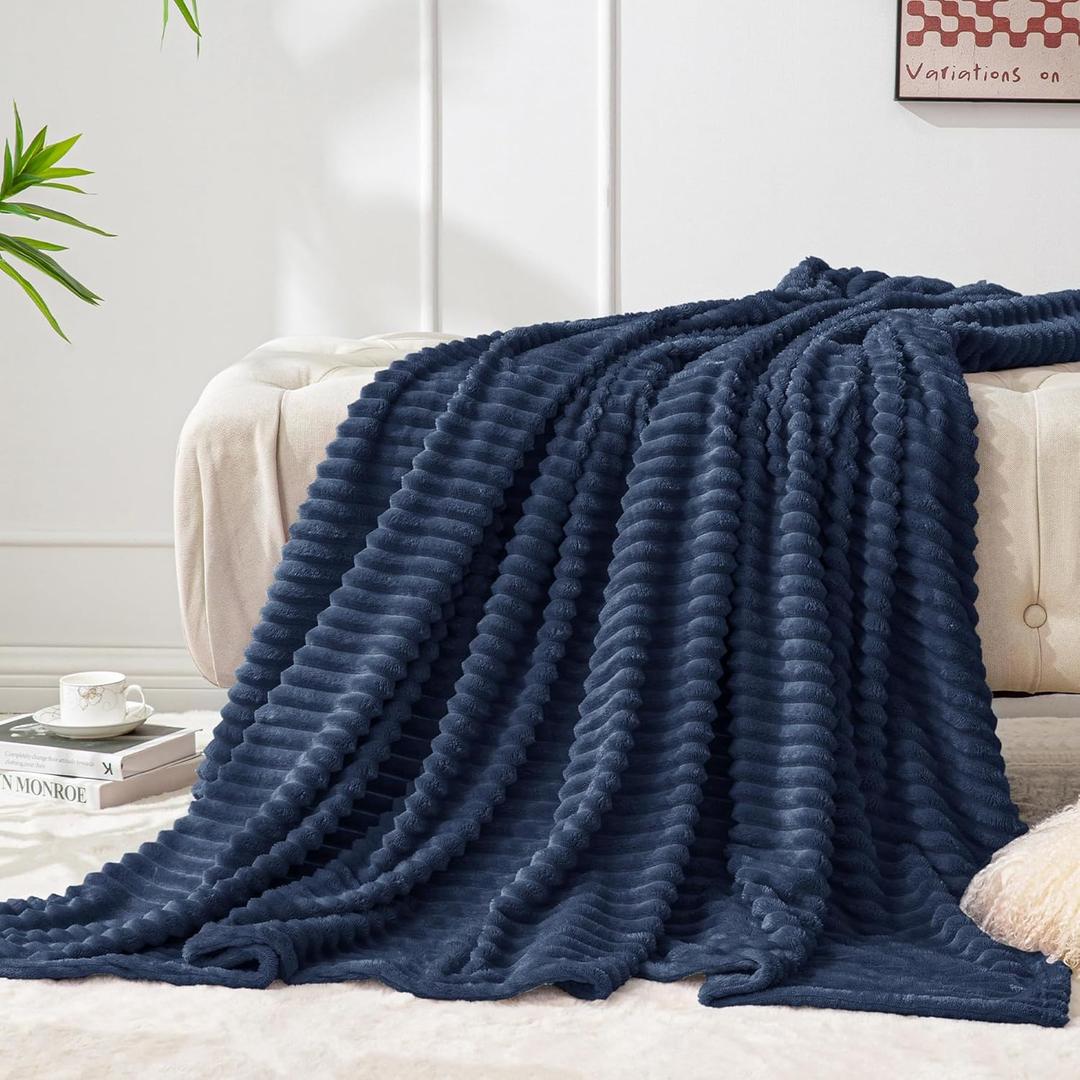 BEDELITE Fleece Throw Blanket for Couch  3D Ribbed Jacquard Soft and Warm Decorative Fuzzy Blanket  Cozy, Fluffy, Plush Lightweight Navy Blue Throw Blankets for Bed, Sofa, 50x60 inches