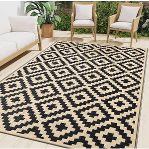 Smiry Waterproof Outdoor Rug 5x8 ft, Reversible Plastic Straw Patio Camping Rugs, Outdoor Indoor RV Mat Carpet for Patio, Outside Entry, Backyard, Deck, Bench, Picnic, Camper, Black & Beige (5x8 Feet, Black and Beige)