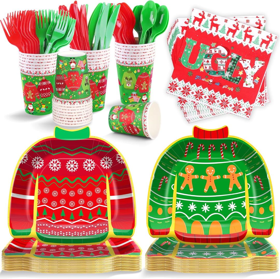 durony 168 Pieces Ugly Sweater Christmas Paper Plates Ugly Sweater Party Decorations Xmas Disposable Dinnerware Set Ugly Party Plates Napkins Cups Cutlery Party Supplies Set, Serves 24 Guests