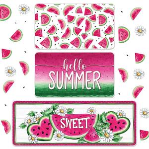 Dunzy 3 Piece Hello Summer Watermelon Kitchen Mat Rugs, Soft Absorbent Summer Themed Floor Mats, Decorative Non-Slip Soft Standing Doormat for Home Kitchen Decor