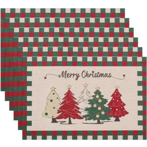 Christmas Placemats are with Classic Christmas Elements Red Green Buffalo Plaid and Xmas Trees Designed, Washable Non-Slip Heatproof Woven Placemats Set of 6 (Light Yellow2)