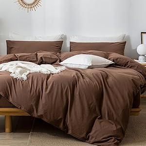 MooMee Bedding Duvet Cover Set 100% Washed Cotton Linen Like Textured Breathable Durable Soft Comfy (Cocoa Brown, Cal King)