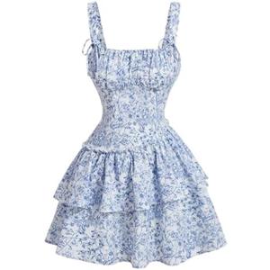 Narecte Womens Summer Dresses Floral Casual Mini Dresses for Women A Line Sun Dress Cute Ruffle Dress, XS