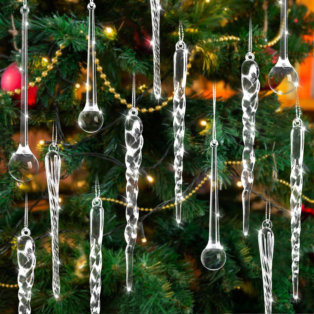OuMuaMua 100 Pcs Christmas Icicle Ornaments for Christmas Tree Decorations, Water Drop Shape Crystal Pendants Hanging Acrylic Ornaments, Xmas Winter Wonderland Party Decorations Supplies