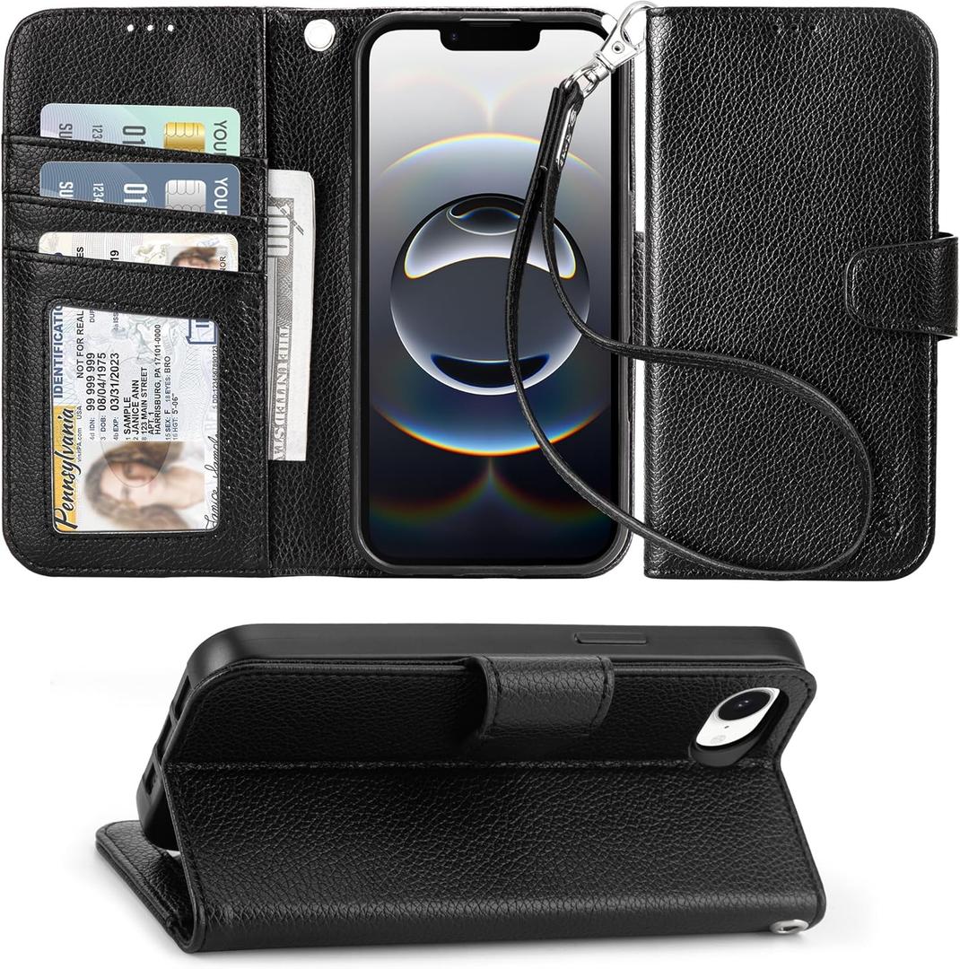 Arae Compatible with iPhone 16e Case Wallet with Card Holder,Wristlet Strap Wallet Flip Cover for iPhone 16e 6.1 inch Men/Women, RFID Blocking, Kickstand, Litchi Black