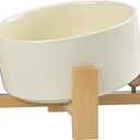 SPUNKYJUNKY 15 Slanted Ceramic Dog and Cat Bowl with Wooden Stand, Tilted Bulldog Food and Water Bowl No Slip Non-Spill for Cats Medium Dogs Big Face Pets 28.7 OZ (3.6 Cups, Beige)