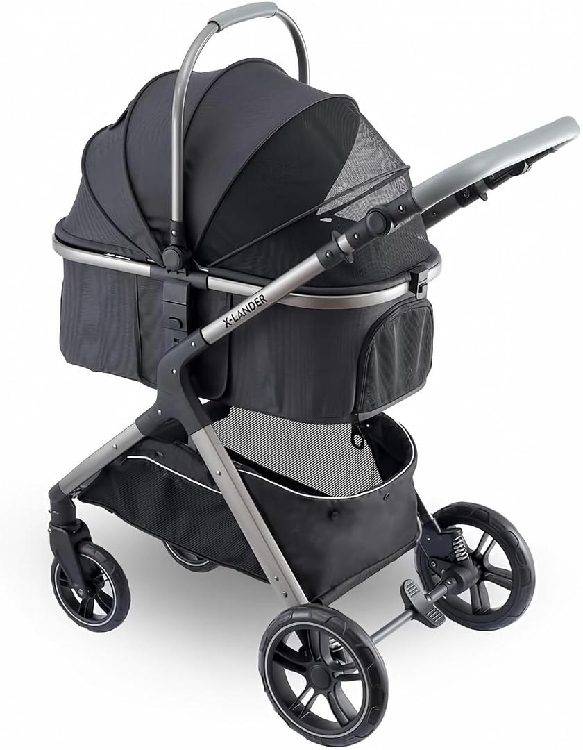 Pet Stroller for Small Medium Dogs, Cat Carriage Travel System Four Wheel Dog Stroller with Carrier, Zipperless Entry/Cup Holder/Storage Basket (Silver)