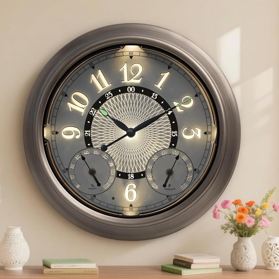 Pytha Sight Illuminated Large Metal Outdoor Clocks Waterproof 15 Inches with AI Auto Light Smart Sensor,Large Indoor Outdoor Wall Clocks with Thermometer & Hygrometer for Patio, Pool, Garden,Porch