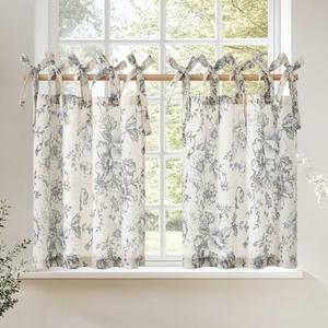jinchan Floral Linen Tier Curtains 24 Inch Farmhouse Cafe Curtains Tie Top Botanic Drapes for Small Windows Over Sink for Kitchen Country Rustic Laundry Room Bathroom RV 2 Panels Grey on Beige