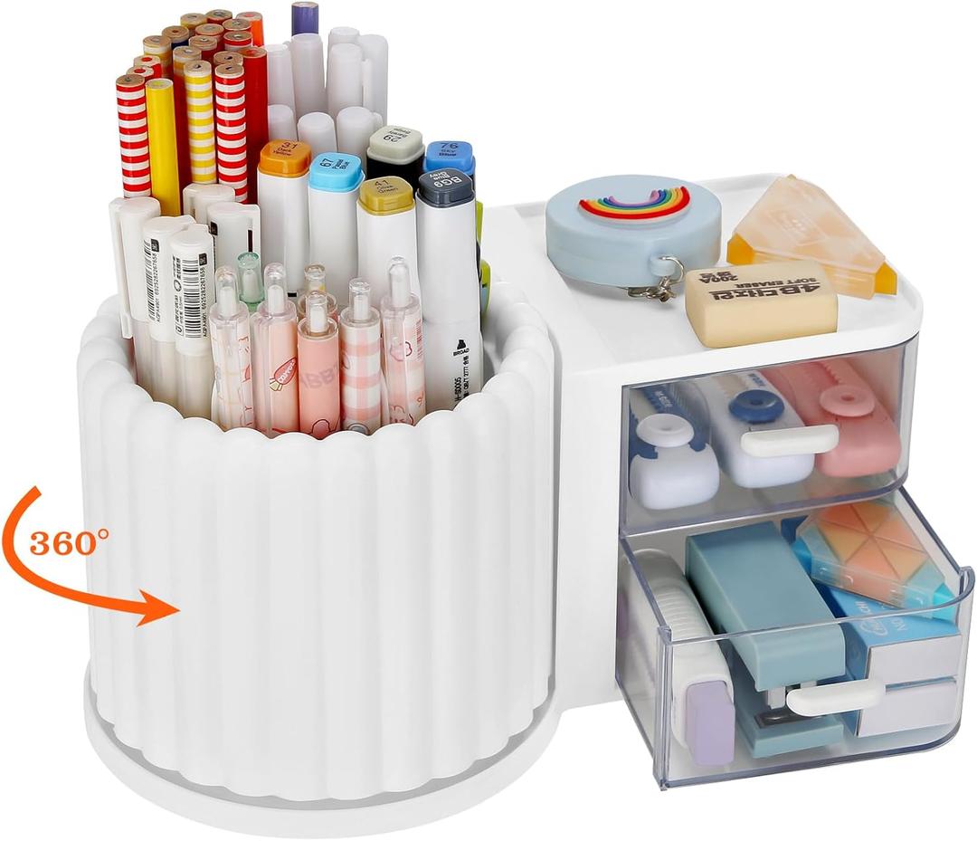 LETURE Rotating Office Desk Organizers and Accessories with 2 Drawer, Pencil Pen Marker Holder for Desk, Desktop Storage Organizers and Accessories for Office Home Art Supplies (White)