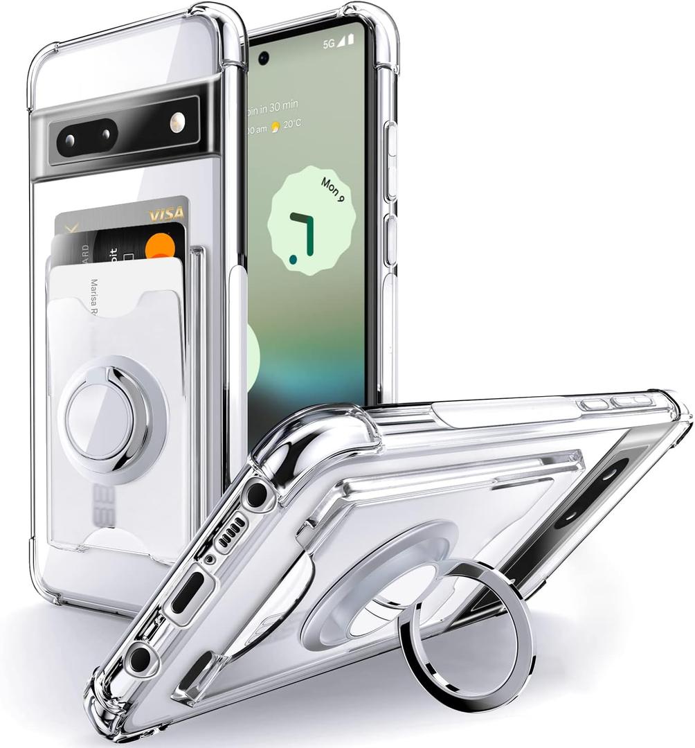 Shields Up for Pixel 6A Case Clear, Minimalist Wallet Case with Card Holder [3 Cards] & Ring Kickstand/Stand, Drop Protection Slim Protective Cover for Google Pixel 6A 5G -Clear