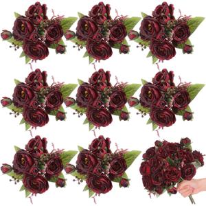 8 Bundles Artificial Peonies Flowers Boho Faux Flowers Arrangements Artificial Centerpiece Spring Bouquet Floral Wedding Decoration for Vase(Burgundy)