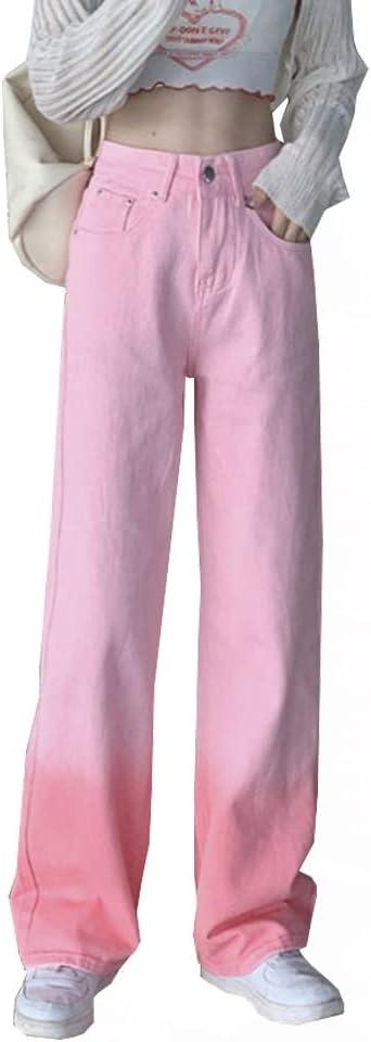 High Waisted Jeans for Women Casual Solid Color Straight Leg Denim Pants Trendy Boyfriend Jeans (Medium, Pink)