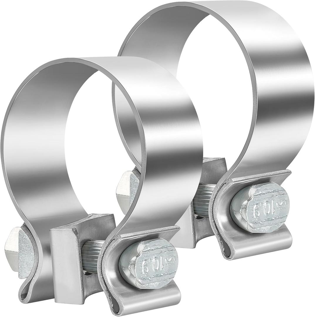 2.0 Inch Exhaust Clamp, Narrow Band Muffler Clamp Stainless Steel for 2" OD Muffler Pipe and Exhaust Pipe, Durable Clamping Seal (2-Pack)