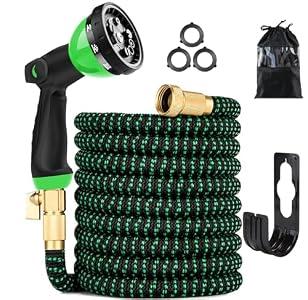 100 ft Expandable Garden Hose - Kink Free Flexible Water Hose with Thumb-Controlled 10-Function Nozzle, 3/4 Solid Brass Connectors, Retractable Latex Core - Lightweight Expanding Hose
