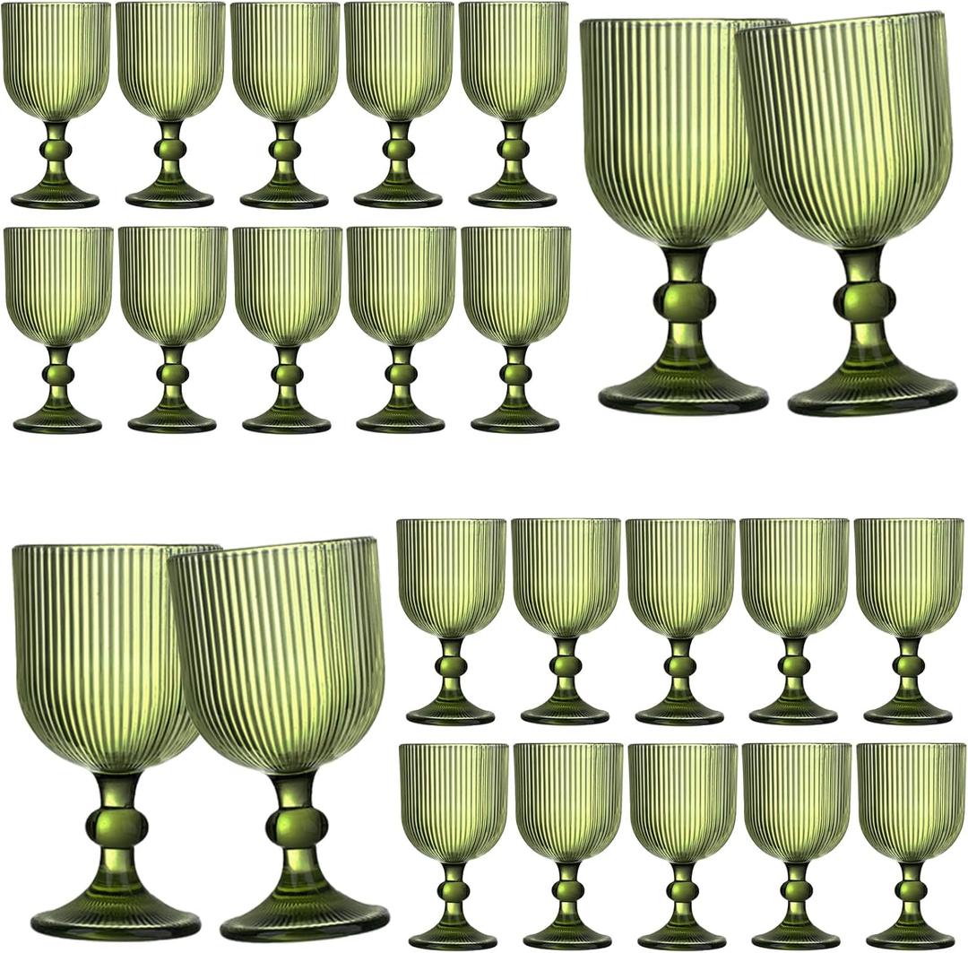 24 Pcs Green Vintage Wine Glasses, 11 Ounces Colored Glass Water Goblets, Unique Embossed Pattern High Clear Stemmed Glassware Wedding Party Bar Glass Drinking Cups Fancy Glasses Vertical Line Set, Set of 24