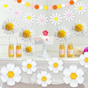 20 Pcs Daisy Party Decorations Sets, 2 Pcs Groovy Daisy Banner Boho Felt Ball Garland 10 Pcs White Daisy Floral Balloons 8 Pcs Daisy Tissue Paper Pom Poms for Birthday Wedding Baby Shower