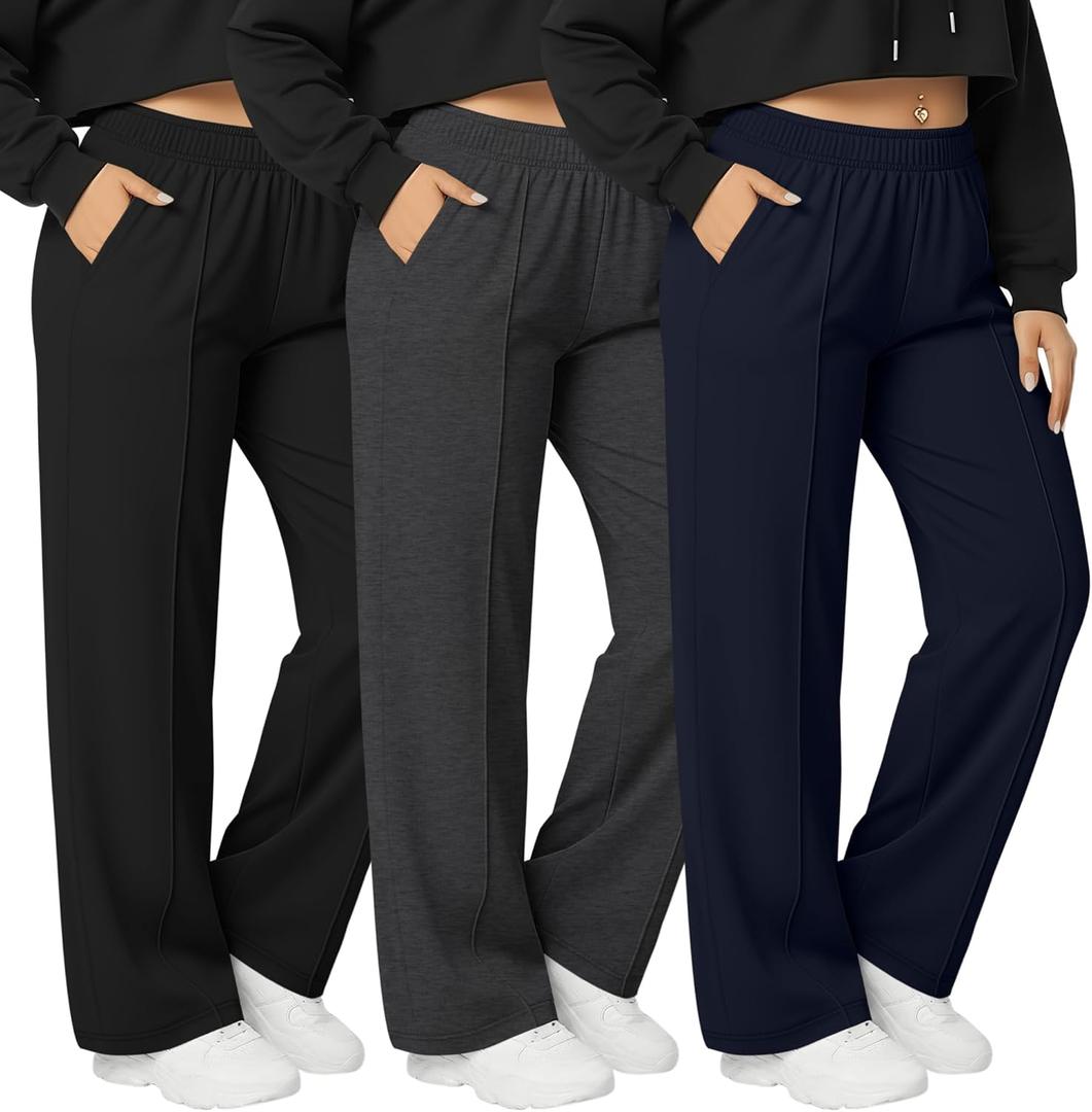 Neer 3 Pack Women's Plus Size Sweatpants, Wide Leg Lounge Pants Elastic Waist Baggy Pant with Pockets Casual Loose Fit Bottom, Size 4XL
