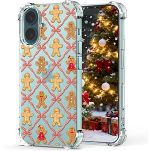 Cute Christmas Phone Case for iPhone 16 Gingerbread Man, Clear Design Shockproof Protect Women Phone Case for iPhone 16 Kids Girls