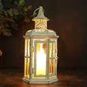 JHY DESIGN Decorative Candle lantern-10inch High Vintage Style Hanging Lantern Metal Candleholder for Indoor Outdoor Events Parities and Weddings (White with Gold Brush)