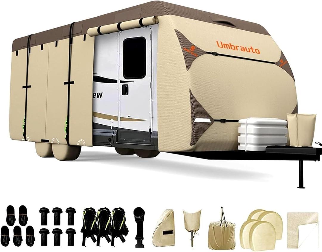 Umbrauto Travel Trailer RV Cover Upgraded 7-Layer Top Camper Cover, Waterproof & Windproof Trailer Cover for 30'-33' RV, Includes 4 Tire Covers, Tongue Jack Cover and Gutter Cover, Khaki 