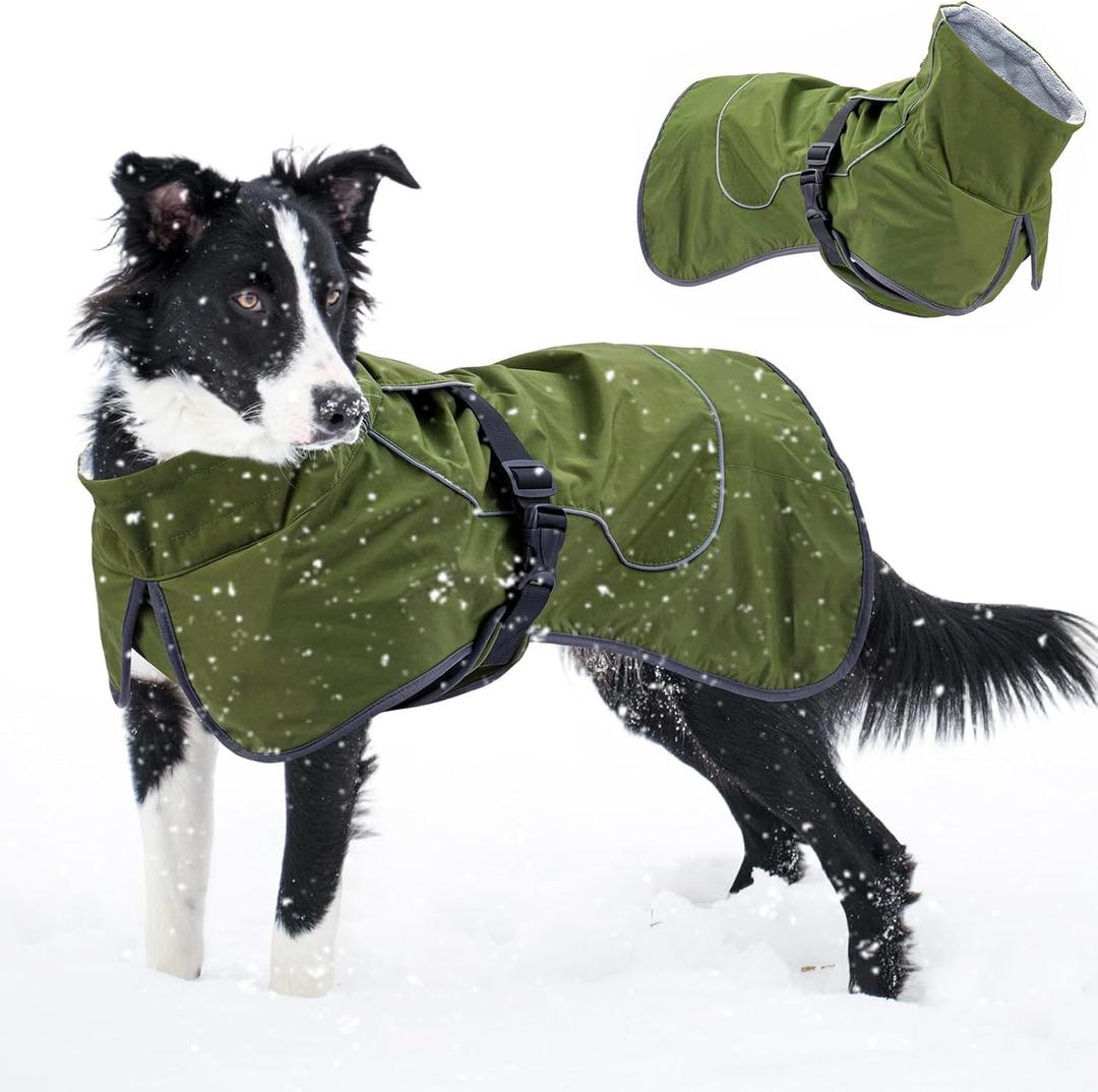 Dog Winter Raincoat, Waterproof Warm Jacket with Velvet Lining for Cold Weather, Windproof Insulated Rain Coat with Reflective Strips for Large Big Dog (Green, L)