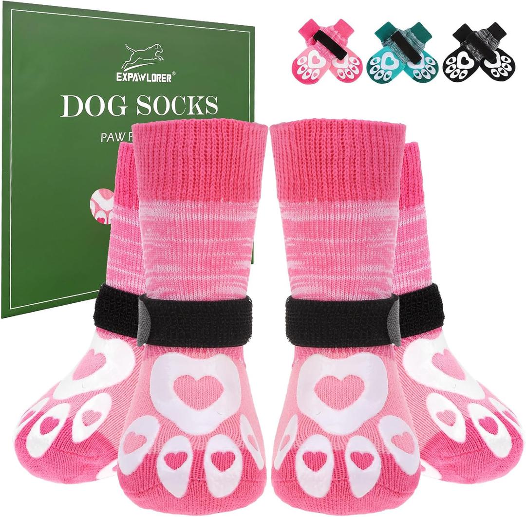 EXPAWLORER Dog Socks to Prevent Licking Paws with Grippers for Hardwood Floors Anti Slip, Glow-in-the-Dark Dog Cold Winter Shoes Booties Boots & Paw Protectors for Medium Dogs  (Pink)