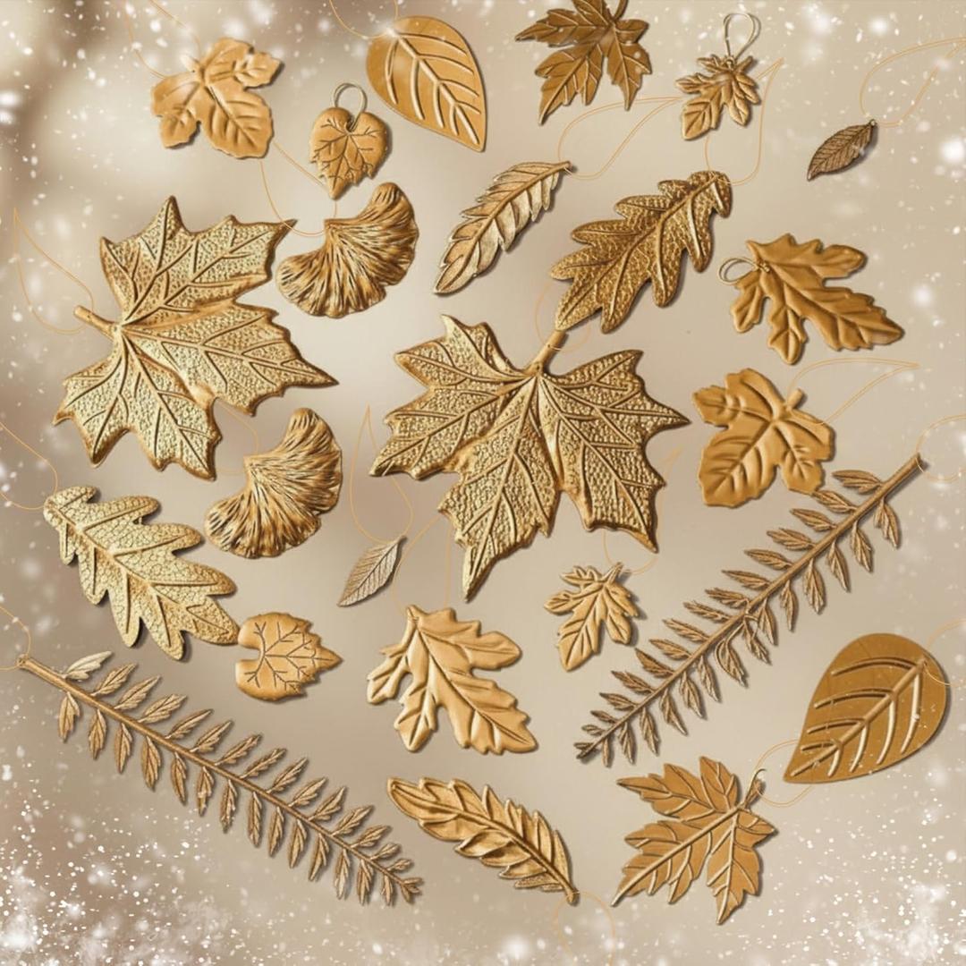 Thyle 24 Pcs Christmas Brass Leaves Tree Ornaments Gold Leaves Decorations Metal Hanging Decor Golden Leafy Brass Ornaments for Christmas Tree Wreath Garland Birthday Wedding Hoilday Party Supply