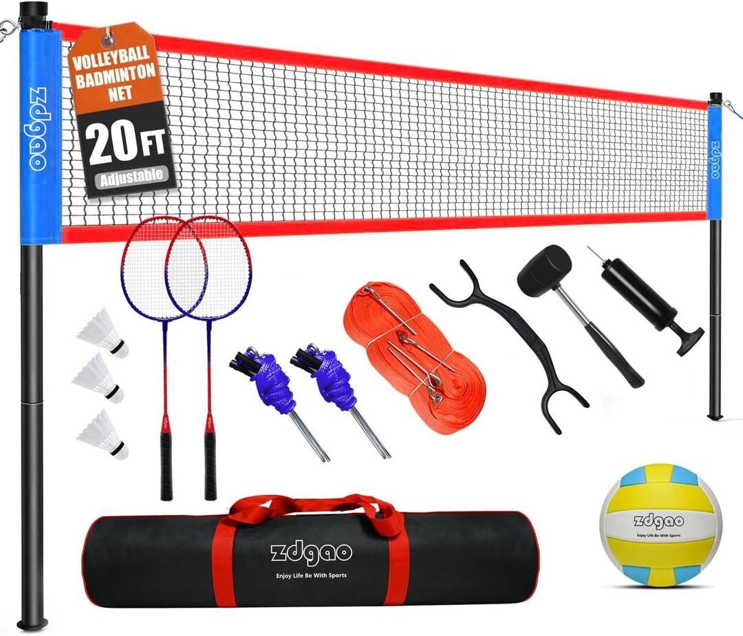 Outdoor Portable Volleyball Net System - Adjustable Height Poles with Soft Volleyball Ball, Pump, Hammer, Boundary Line, and Carry Bag for Backyard, Beach, Lawn, 20ft x 3ft