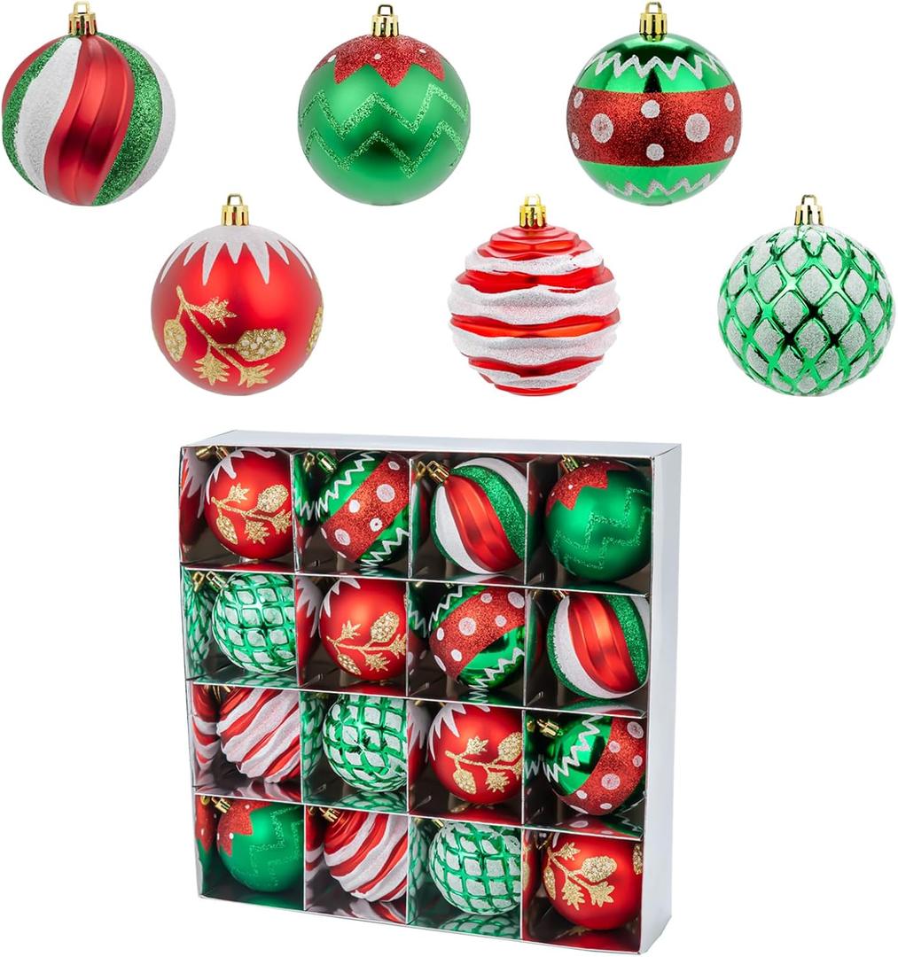 16 Pcs Traditional Classic Christmas Balls Ornaments for Xmas Tree, 80mm/3.15" Big Red and Green Christmas Decorations, Shatterproof Plastic Hanging Balls for Festivals Trees Decor
