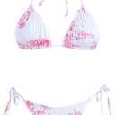 VOLAFA Women's Triangle Bikini String Swimsuit Print Tie Smocked Ruched Two Piece Bathing Suit Set (Small, Pink White-str)