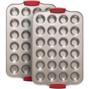 24 Cup Mini Cupcake Pan with Silicone Handles, Non-Stick Mini Muffin Pan, Baking Molds for Mini Cupcakes, Muffins, Quiches, Carbon Steel Mini Baking Pan, Dishwasher Safe (2 Pack)