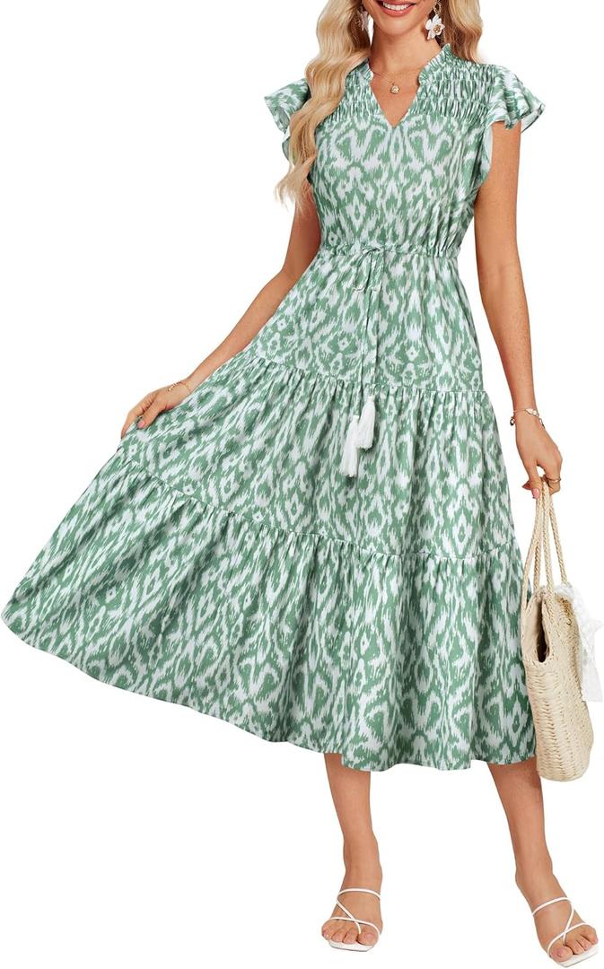 GRACE KARIN Womens Summer Floral Midi Dresses Short Sleeve Beach Wedding Guest Dress Drawstring Long Flowy Dress with Pockets (Large, Light Green and Whte Patern)