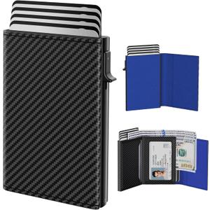 typecase Mens Wallet Card Holder: Pop Up Aluminum Case, Genuine Leather, Smart, RFID Blocking, Slim, Minimalist, Front Pocket - 9-14 Card Capacity | ID Window | Cash Slot (Carbon Fiber Navy)