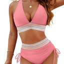 Blooming Jelly Women High Waisted Bikini Sets Tummy Control Swimsuits Color Block Two Piece Drawstring Bathing Suit Large